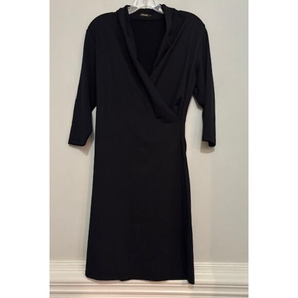 J Mclaughlin Dress Faux Wrap Midi Black Minimalist Capsule Medium 3/4 Sleeve - Picture 1 of 7